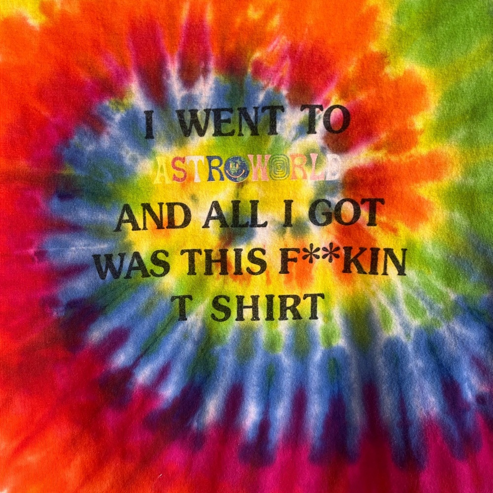 ASTRO WORLD. Concert T-shirt, size medium, tie-dye, front and back graphic.